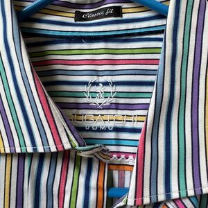 Bugatchi Casual Button Down Shirt Blue and Green Stripes